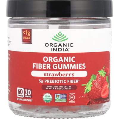 Organic India, gommes de fibres alimentaires biologiques, saveur fraise, 60 gommes