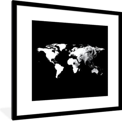 Fotolijst incl. Poster Zwart Wit- Wereldkaart - Leeuw - Zwart Wit - 40x40 cm - Posterlijst