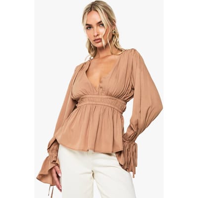 boohoo Dames Blouse met tie cuff en peplum | Mocha | Maat: 6