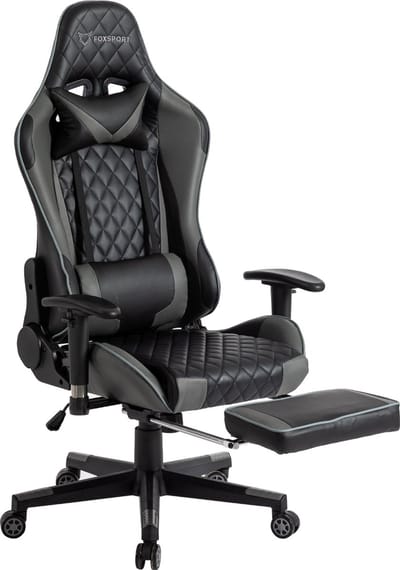 FOXSPORT verstelbare gaming chair - PC-bureaustoel met voetsteun - hoogte en helling verstelbaar - met hoofdsteun en lendensteun - gamingstoel voor kantoor - Zwart en grijs