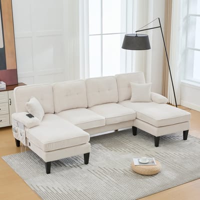 MODFU U-Vormige 4-Zitsbank - Twee Liggedeeltes - Moderne Rugleuning - Opbergvakken En USB-Aansluiting - Linnen - Beige