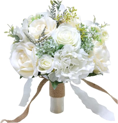 Bruidsboeket Rozen - Decoratief Boeket - Bruiloft Decoratie - Levensechte Kwaliteit - 28x25x25 cm - Wit