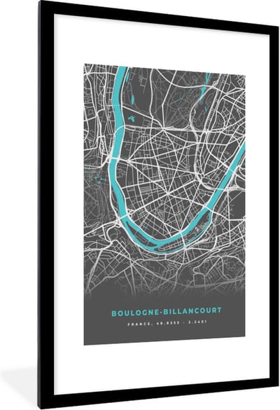Fotolijst incl. Poster - Frankrijk - Boulogne-Billancourt - Stadskaart - Kaart - Plattegrond - 80x120 cm - Posterlijst