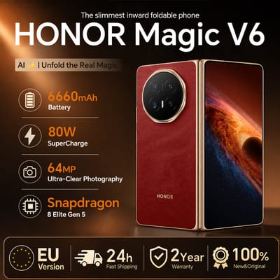 HONOR Magic V6 5G Smartphone EU-versie Snapdragon 8 Elite Gen5 6660mAh Batterij 80W SuperCharge MagicOS 10 7.95" OLED-scherm IP69