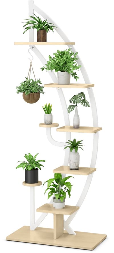 COSTWAY 6-traps metalen plantenstandaard in halve maanvorm, bloemenrek met 2 kleine planken en bovenste haken, ladder-plantenrek, kantelbescherming, bloempotstandaard voor tuin, woonkamer, wit