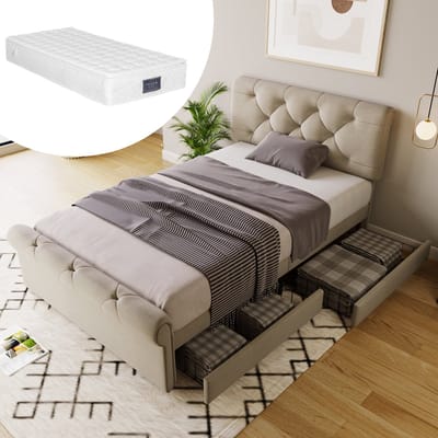 KOMHTOM Eenpersoonsbed 90x200 cm In hoogte verstelbaar hoofdbord opbergbed Bed met 2 laden
