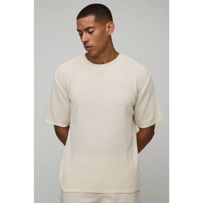 Regular Fit Waffle Knitted T-Shirt | Ecru | Size Medium