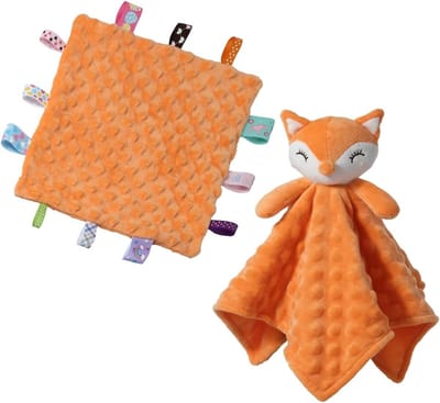 Zachte Knuffeldeken met Dierlijk Gezicht voor Jongens en Meisjes, Perfecte Cadeaus voor Verjaardagen en Babyshowers (Schattige Oranje Vos met 24,5 x 24,5 cm Taggies)