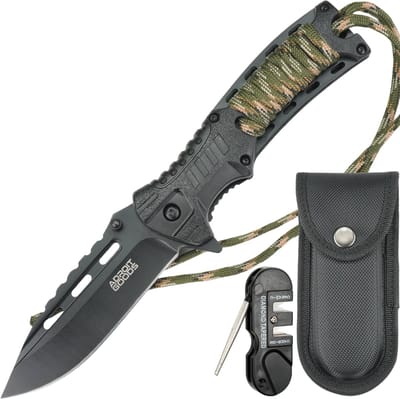 AdroitGoods Tactisch zakmes met paracordhandvat – incl. hoes en slijptool - Opvouwbaar outdoor-mes met 3Cr13 staal, 19 cm totaalformaat, 9 cm lemmet, 3.5 mm dikte, 58 HRC hardheid - Ideaal voor kamperen, bushcraft en outdoor