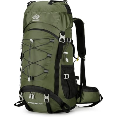 60L campingrugzak met grote capaciteit, waterdichte backpacking bergbeklimmen rugzak voor wandelreizen donkergroene kleur