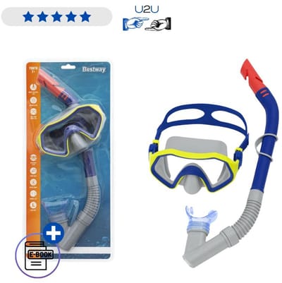 Bestway Duikset 24025 Blauw - Snorkelset Met Duikmasker En Snorkelbuis Voor Kinderen Vanaf 7 Jaar - Zwembril Met UV Bescherming En Comfortabele Pasvorm Voor Vakantie Met Ebook