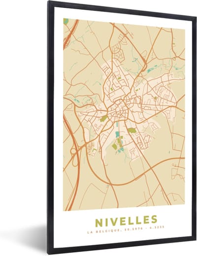 Fotolijst incl. Poster - Vintage - Nivelles - Kaart - Plattegrond - Stadskaart - 40x60 cm - Posterlijst