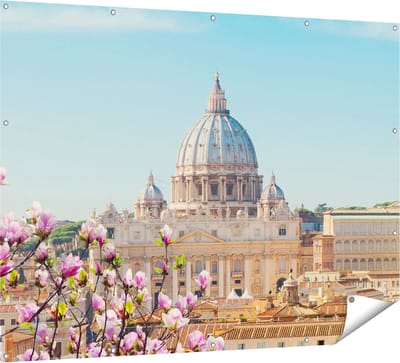 Gards Tuinposter Sint Pietersbasiliek in Rome met Bloemen - 160x120 cm - Tuindoek - Tuindecoratie - Wanddecoratie buiten - Tuinschilderij