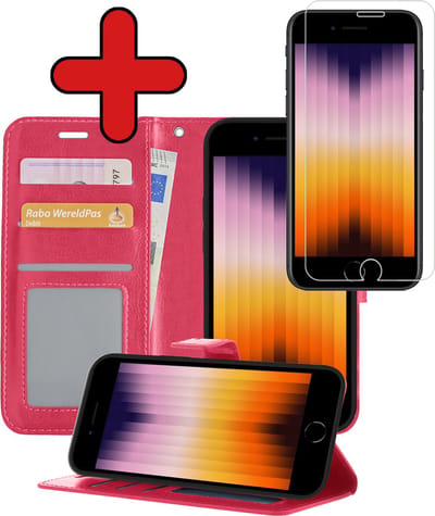 Hoesje - Met Screenprotector - Geschikt voor Apple iPhone SE (2022) - Luxe Pasjeshouder - Flipcase - Bookcase Portemonee - Flip Case - Kunstleer Book Case - Book Cover - Walletcase - Portemonneehoes - Telefoonhoes - Donkerroze