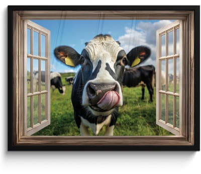 Poster in lijst - Fotolijst 70x50 cm - Posters - Doorkijk - Koe - Weiland - Dieren - Natuur - Posterlijst zwart - Decoratie - Wanddecoratie woonkamer - Muurdecoratie slaapkamer