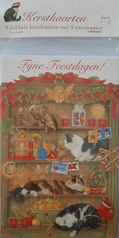8 Dubbele Kerstkaarten met enveloppen kat van Franciens katten in de kast 10x15 cm - Feestdagen kaarten