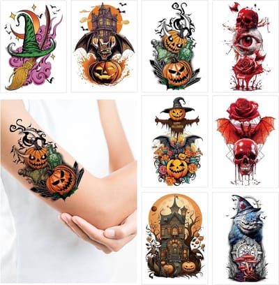 Tijdelijke Halloween-armtatoeages met pompoenen, doodskoppen en vleermuizen - 8 vellen voor kostuums, feestdecoraties en make-upaccessoires