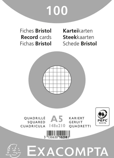 Exacompta 10x Pak 100 steekkaarten bristol in folie - geruit 5x5 niet geperforeerd 148x210mm - Wit - 10208E