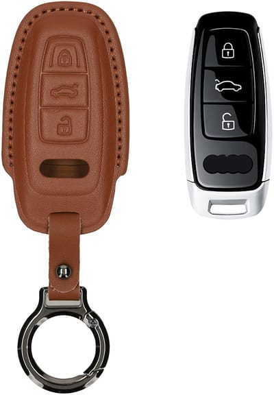 kwmobile leren autosleutel hoesje geschikt voor Audi A6 A7 A8 Q7 Q8 3-knops autosleutel Keyless - Als sleutelhanger met sleutelring - Echt leer in lichtbruin