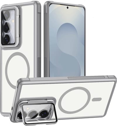 Casemania Hoesje Geschikt voor Samsung Galaxy S26 - Magnetische Transparante Backcover met Grijze Bumper - Camera Shield Kickstand met Volledige Camera Bescherming - Geschikt voor MagSafe