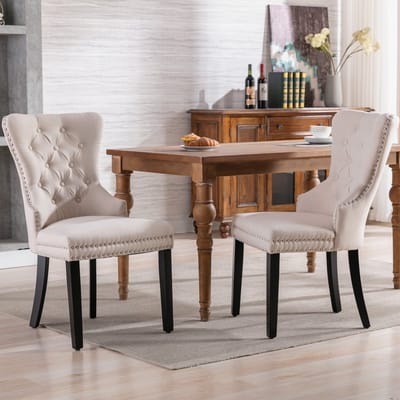 Eetkamerstoelen - Set van 2 - Eetkamerstoel met Eikenhouten Poten - Moderne Stoel - Knopen Details - Chromen Nagelkop Afwerking - Keukenstoel - Woonkamerstoel - Slaapkamerstoel - Lounge Stoel - Vrijetijdsstoel - Beige