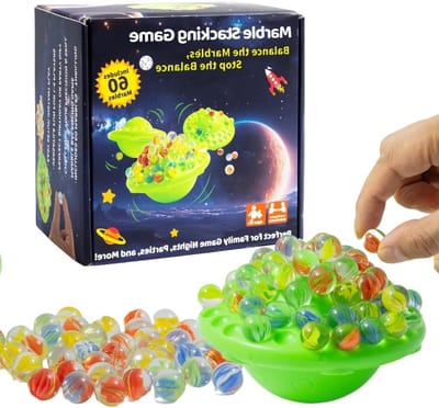 Marmeren Balansspel met 60 Kleurrijke Glazen, Uitdaging Kaarten en Geheugen Spel voor 1-4 Spelers, Leuk Gezinsfeest en Educatief Spel voor Kinderen en Volwassenen