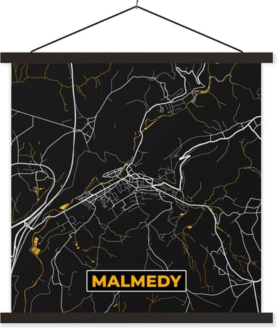 Posterhanger incl. Poster 60x60 cm - Schoolplaat - Plattegrond - Goud - Malmedy - Kaart - Stadskaart - Textielposter - Zwarte latten - Stadskaart