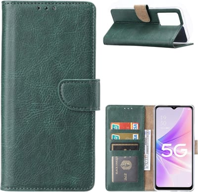 Hoesje Geschikt voor Oppo A57 5G Hoesje met Pasjeshouder Groen - Hoesje Geschikt voor Oppo A57 hoesje Luxe Booktype Portemonnee case