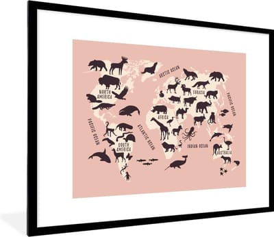Poster in lijst - Fotolijst 80x60 cm - Posters - Wereldkaart - Dieren - Roze - Posterlijst zwart - Decoratie - Wanddecoratie woonkamer - Muurdecoratie slaapkamer