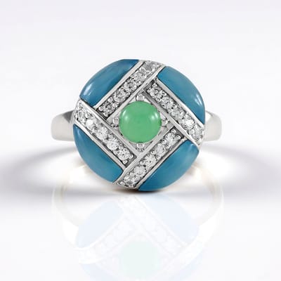 Cavill - Zilveren Ring - 925 Sterling Zilver - 4 Blauwe Chalcedoon Cabochon 2.34 ct - 0.54 ct Chrysopraas Rond Cabochon - Elegante Ring Dames