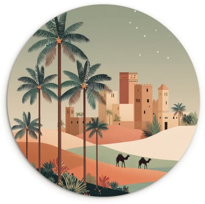 WallCircle® Wandcirkel 120x120 cm - Muurcirkel Nachtlandschap - Kamelen - Sterren - zandduinden - Muurdecoratie woonkamer - Wanddecoratie slaapkamer - Kamer decoratie accessoires - Ronde schilderijen XXL