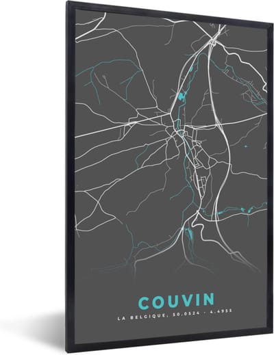 Fotolijst incl. Poster - Stadskaart – Grijs - Kaart – Couvin – België – Plattegrond - 40x60 cm - Posterlijst
