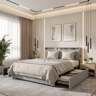 ACXIN Tweepersoonsbed Bed met Opbergruimte 4 Laden Metalen Frame Modern Slaapkamer Gastenkamer - 140x200 cm - Lichtgrijs