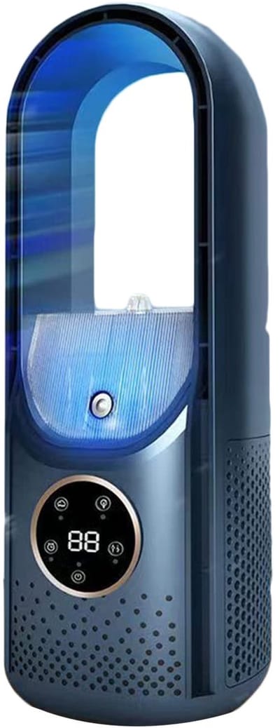 Luchtkoeler - Bladeloos -Mini desktop luchtkoeler - Luchtkoeler- Koelunit -USB oplaadbaar -Draagbaar - 6 ventilatorsnelheden- Bevochtiging en luchtzuivering - Timerfunctie - Sfeerverlichting - Geschikt voor gebruik op het bureau en buitenshuis -Blauw