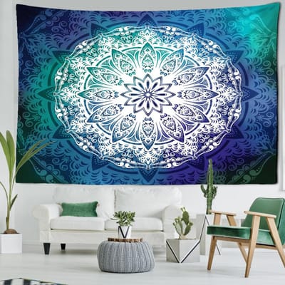 Blauwgroene Mandala Wandtapijt Muurhanger Bloemenkunst Mysterieuze Hippie Tapiz Esthetische Kamer Woonkamer Woondecoratie 150x100CM