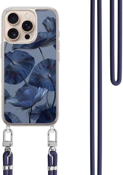 Hoesje met koord geschikt voor iPhone 16 Pro - Dusky blooms - Inclusief zwart koord - Crossbody beschermhoes - Transparant, Paars - Mooie Telefoonhoesjes