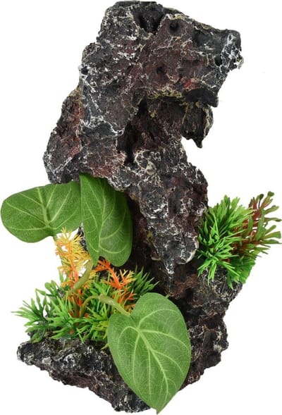 Flamingo - Aquariumdecoratie Rots met plant - Bruin - 13 x 12 x 21 cm