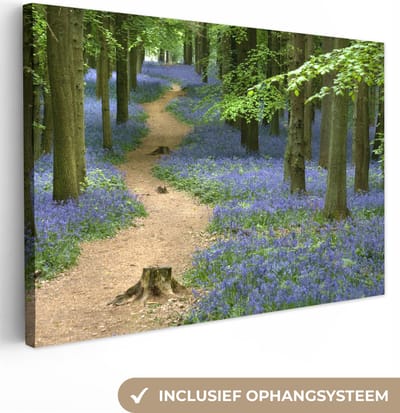 Canvas Schilderij Bos - Pad - Bloemen - Blauw - 30x20 cm - Wanddecoratie