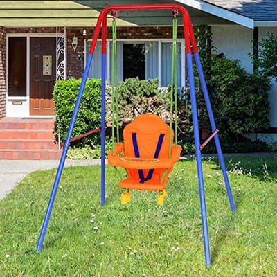 Babyschommel met portiek - Schommelzitje kinderen - Buiten spelen - Veiligheidsgordel rugleuning - 107 x 96 x 131 cm