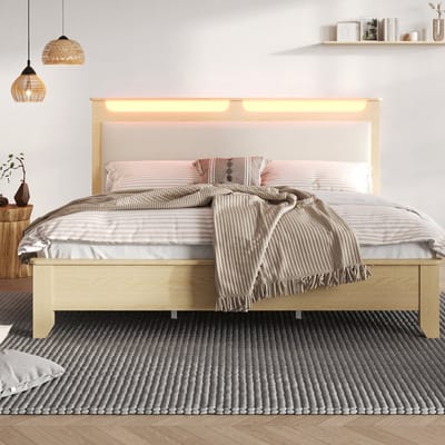 Tweepersoonsbed 140×200 cm - gestoffeerd bed met opbergruimte - LED-verlichting - houten bedframe - beige - zonder matras
