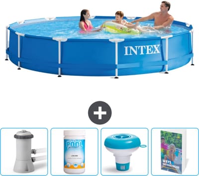 Intex Rond Frame Zwembad - 366 x 76 cm - Blauw - Inclusief Zwembadfilterpomp - Chloor - Chloordrijver - Zwembadgids
