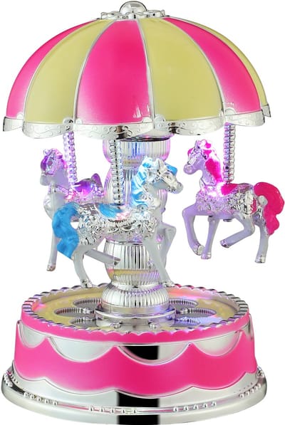 Draaimolen Muziekdoos - 3 Paarden, LED Verlichting, Roze - Luxe Romantische Decoratie & Cadeau