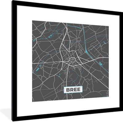Fotolijst incl. Poster - Plattegrond – Bree – Blauw – Stadskaart - België - Kaart - 40x40 cm - Posterlijst