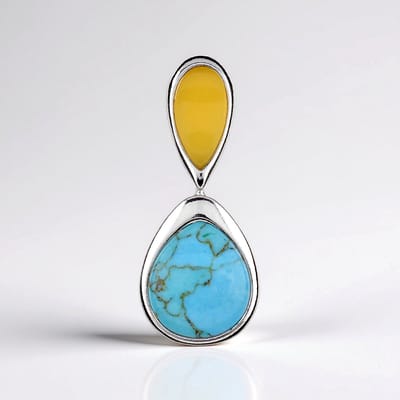 Cavill - Zilveren Hanger 925 Sterling met 2,2 ct Turkoois Peervorm en Baltische Barnsteen - Elegant Modern Design 26x11 mm