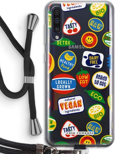 Case Company® - Hoesje met koord geschikt voor Samsung Galaxy A50 hoesje met Koord - Fruitsticker - Telefoonhoesje met Zwart Koord - Bescherming aan alle Kanten en Over de Schermrand
