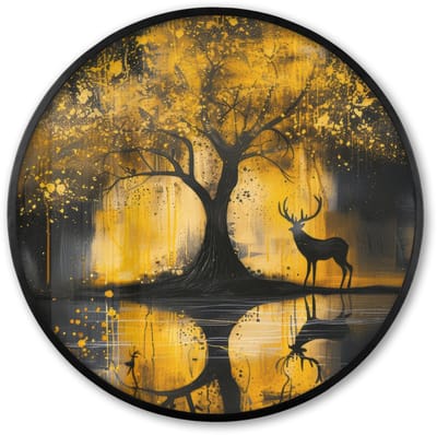 Poster in lijst Rond - Fotolijst 60x60 cm - Posters - Boom - Verflook - Hert - Natuur - Goud - Ronde posterlijst zwart - Decoratie - Wanddecoratie woonkamer - Muurdecoratie slaapkamer