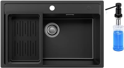 Anycee Max Granieten Spoelbakken (70x46CM) - Spoelbak Keuken Met Zeepdispenser Zwart - Wasbak Keuken Met Waterafvoersysteem en Afdruiprek