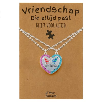 BFF Ketting voor 2 'Vriendschap die altijd past' - Magnetisch Hartje met Vlinder - Vriendschapsketting op Cadeau Kaartje - 45cm + 5cm verstelbaar - Zilverkleurig - Best Friends Hanger - Pax Amare