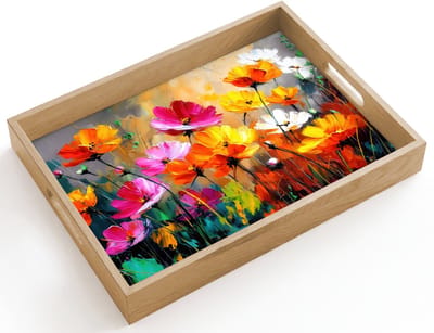 Dienblad hout 40x30 cm - Schootdienblad - Felgekleurd - Bloemblaadjes - Abstract - Borrelplank rechthoek - Plateau dienbladen