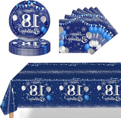 Feestelijke 18e Verjaardag Tafelset - 37-delige Papieren Borden, Servetten en Tafelkleed - Blauw Zilver Decoratie voor Feestjes